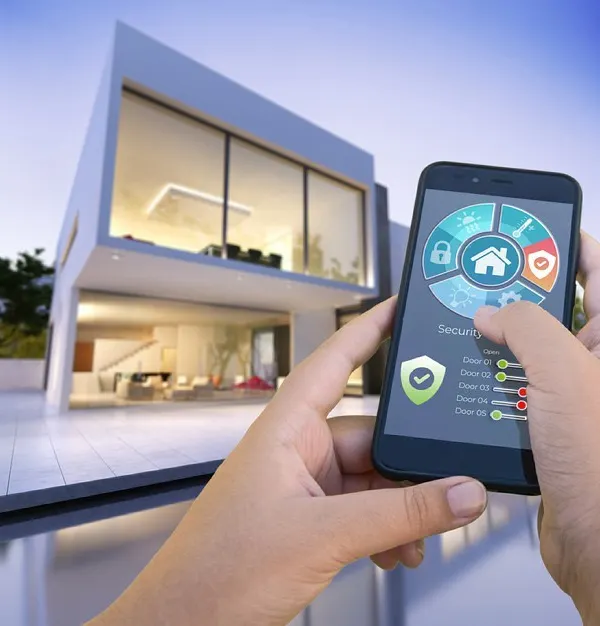 This image perfectly illustrates our core promise: a fully customized smart home solution controlled from a single app. From your phone, you can manage security, lighting, climate, and more, giving you complete command over your environment.