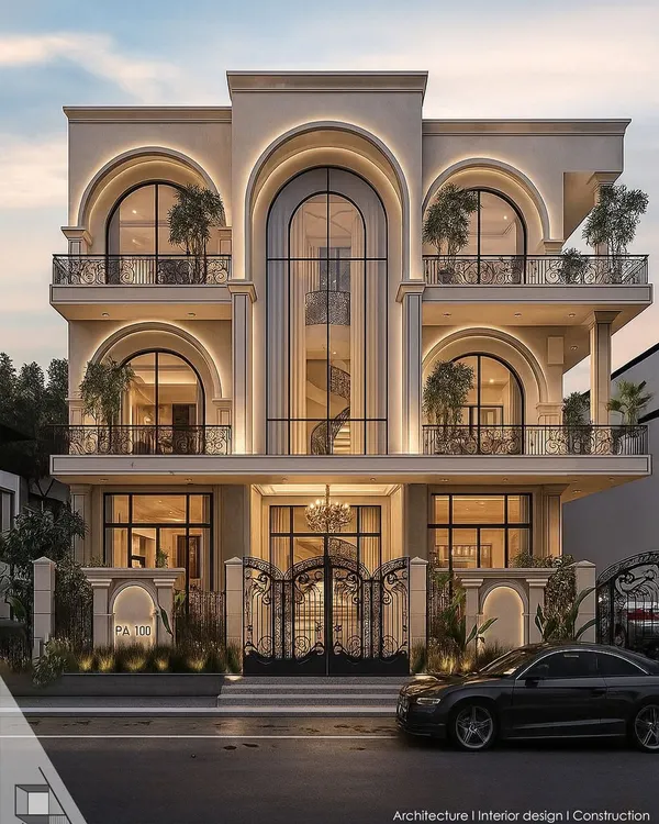 This neoclassical facade for a Faridabad residence is a testament to timeless elegance. I focused on creating grand symmetry with soaring arches and warm, integrated lighting to design a home that feels both luxurious and welcoming from the very first glance.