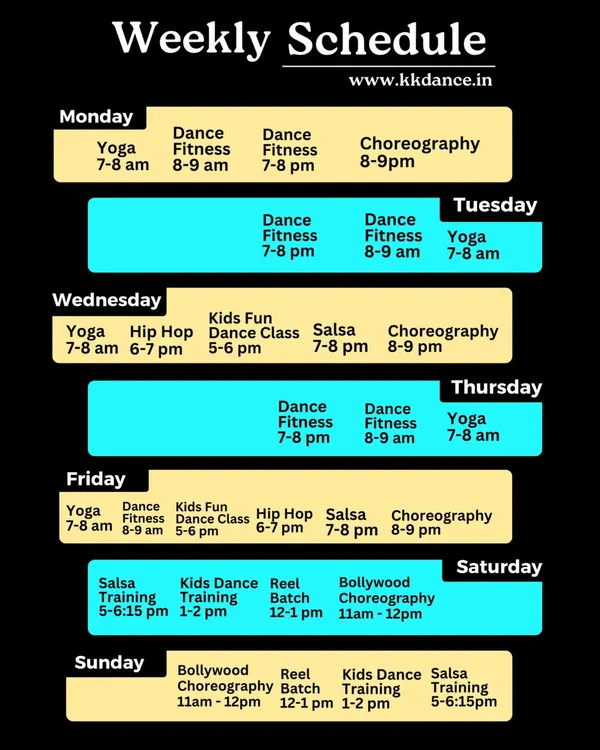 This is our complete weekly schedule, showing all available classes from Monday to Sunday. You can easily find the timings for Kids Fun Dance, Kids Dance Training, and other batches like Bollywood and Salsa.