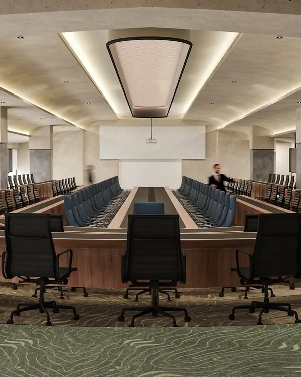 This is the final 3D render of a large, state-of-the-art conference hall. The U-shaped layout, integrated screens, and sophisticated lighting are designed to facilitate large-scale meetings and executive presentations.