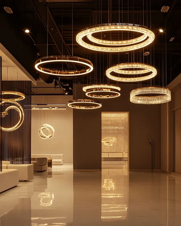 This installation of cascading crystal rings in a commercial space shows the scale and grandeur I can bring to a project. I design lighting to create an atmosphere of pure opulence, turning any entrance or hall into a memorable experience.