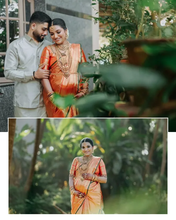 A collage showcasing both a tender couple's portrait and a solo shot of the expecting mother, radiant in her orange silk saree amidst lush greenery. This captures the blend of partnership and individual strength in the pregnancy journey.