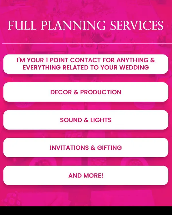 My full planning services mean I am your single point of contact for everything. I handle all decor, production, sound, lighting, and more, so you can focus on your goals without the stress of managing multiple vendors.