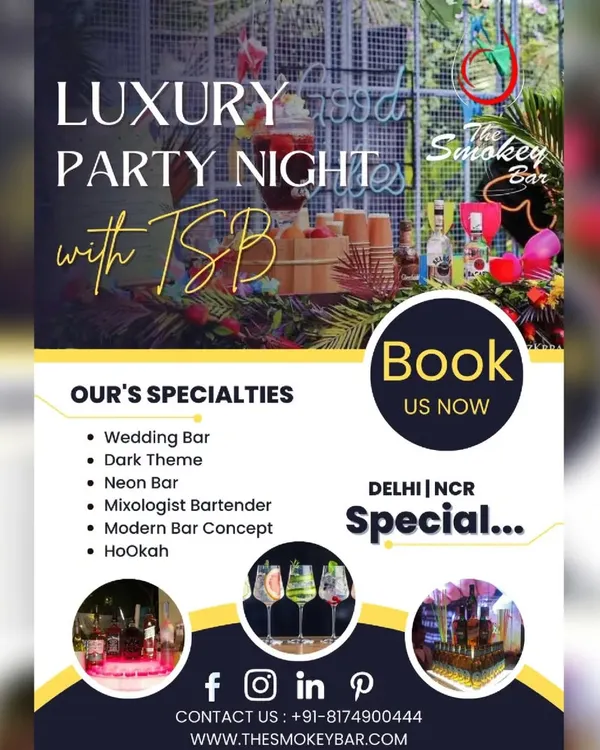 A look at what I offer for a 'Luxury Party Night'. My specialties include themed bars, mixologist bartenders, and hookah services, with special packages for Delhi NCR.