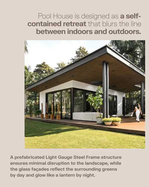 This pool house was designed as a self-contained retreat, a space that blurs the line between indoors and outdoors. The prefabricated steel frame and glass facades were chosen to minimize disruption to the landscape, allowing the structure to feel like a natural extension of the garden.