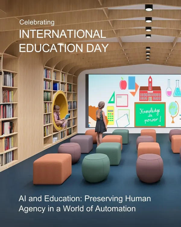 In celebration of International Education Day, we reflected on the theme of preserving human agency in a world of automation. This image from one of our library designs illustrates a space where technology and human-centric design coexist.