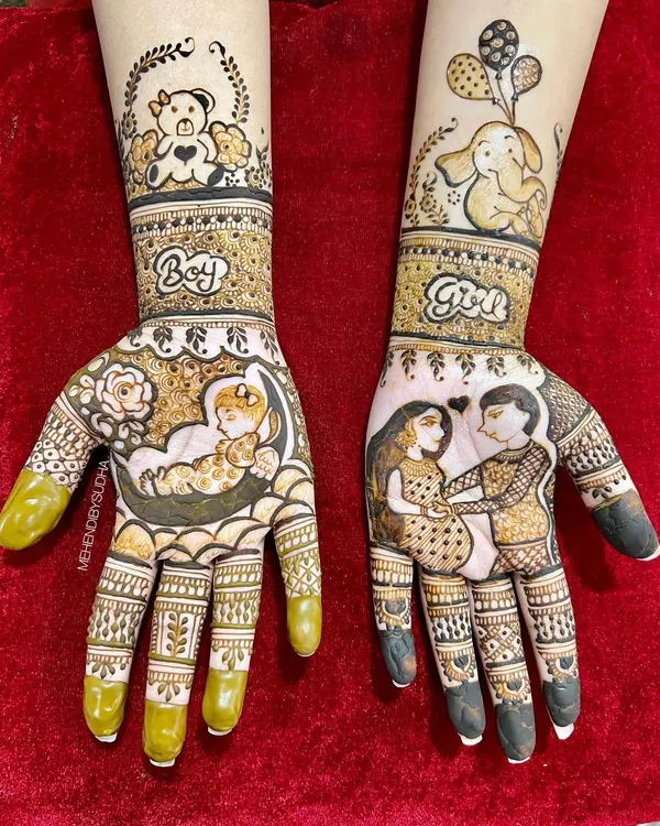 A complete view of a creative baby shower mehendi. One hand wishes for a boy with a teddy bear, and the other for a girl with an elephant, celebrating the joy of what's to come.