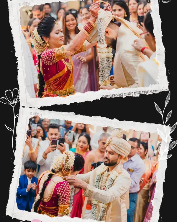 The playful and pivotal Varmala exchange, a moment of joy and acceptance. We capture the energy of the crowd and the happiness of the couple in this beautifully framed shot.