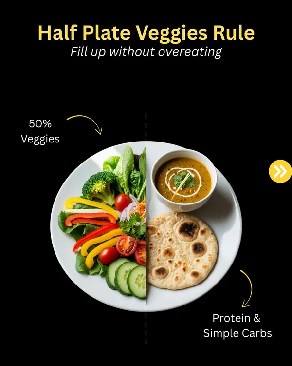 Want to lose weight without starving? This carousel shows my "half plate veggies" rule. Filling half your plate with vegetables helps you fill up without overeating, while the other half has your protein and carbs.