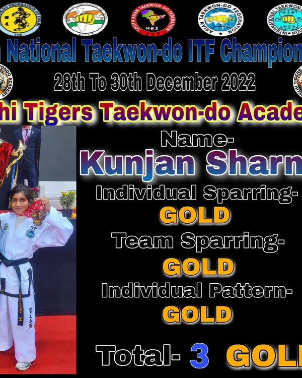 Kunjan Sharma's incredible achievement at the 37th National Championship: three Gold medals in Individual Sparring, Team Sparring, and Individual Pattern. A true testament to her dedication.