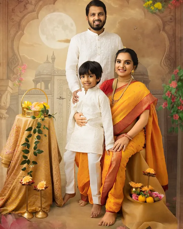 A complete family portrait in our signature Raja Ravi Varma inspired style. We create these painterly heirlooms with traditional attire, rich backdrops, and classic posing to turn your family's story into fine art.