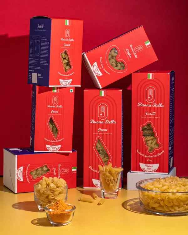 A group shot of Buona Stella's pasta packaging. We arranged the boxes in a dynamic, stacked composition to create a visually interesting and comprehensive product lineup for the brand.