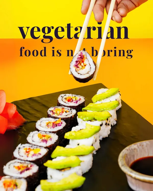 Who says vegetarian food is boring? My vibrant and 100% vegetarian sushi proves otherwise, filled with crisp vegetables and topped with fresh avocado.