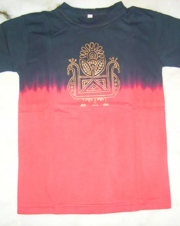A full view of a black and red tie-dye T-shirt featuring a hand-painted traditional peacock motif in gold. This is a great way to add a touch of ethnic art to your wardrobe.