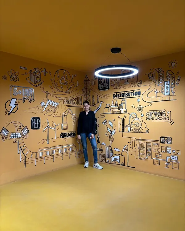Standing in the middle of a 360-degree doodle mural I created for the Amara Raja Group office in Hyderabad. The entire room tells the story of their business verticals through illustration.