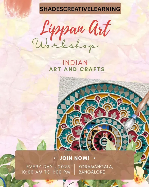 Our Lippan Art workshop poster, inviting you to explore this traditional mud and mirror art form from Kutch, Gujarat. These classes are held regularly at our Koramangala studio for all skill levels.