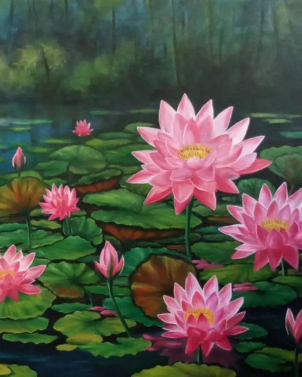 A large 8x3 ft oil on canvas painting of a vibrant lotus pond. This commissioned work is filled with blooming pink lotuses and lily pads, creating a lush and spiritual landscape that feels both realistic and dreamlike.