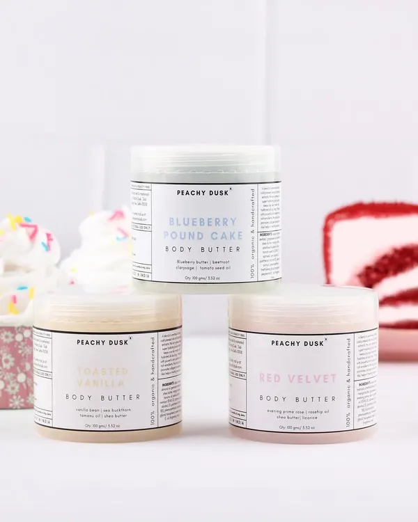 I'm launching my new range of super hydrating body butters. This image shows all three variants: Blueberry Pound Cake, Red Velvet, and Toasted Vanilla, perfect for keeping dry winter skin at bay.