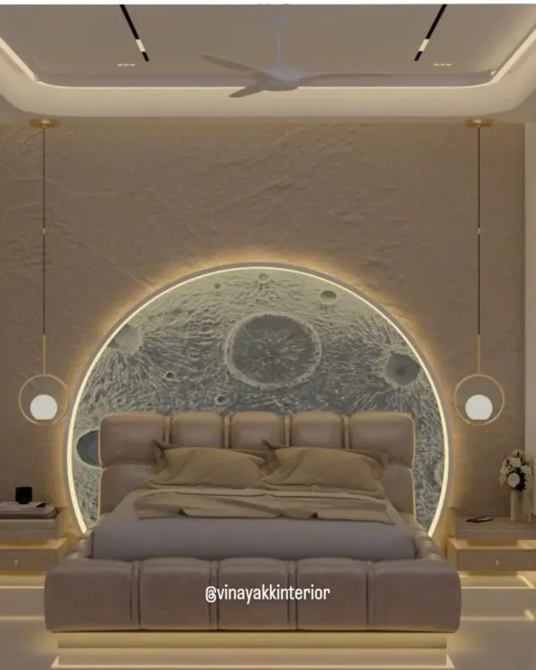 This lunar-inspired bedroom is where dreams take flight. I designed this space to be an escape, using a custom-made, backlit moon headboard to create a celestial glow. The floating bed and nightstands add to the feeling of weightlessness, making it a truly unique and modern sanctuary.