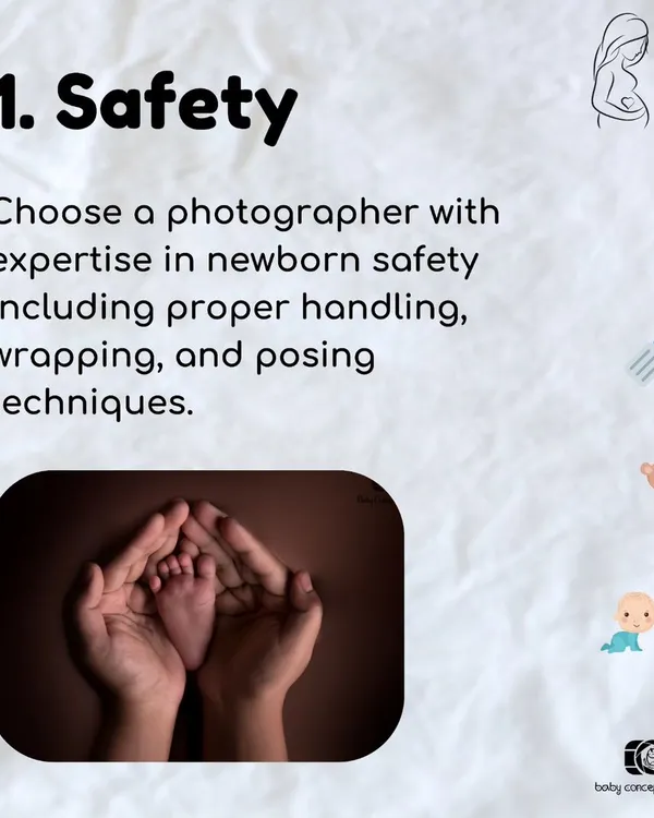 An informational graphic explaining that safety is the number one priority. I am an expert in safe newborn handling, wrapping, and posing techniques.