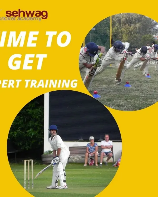 It's time to get expert training. This graphic showcases scenes from our academy and invites aspiring cricketers to join our programs at various centers across Delhi.