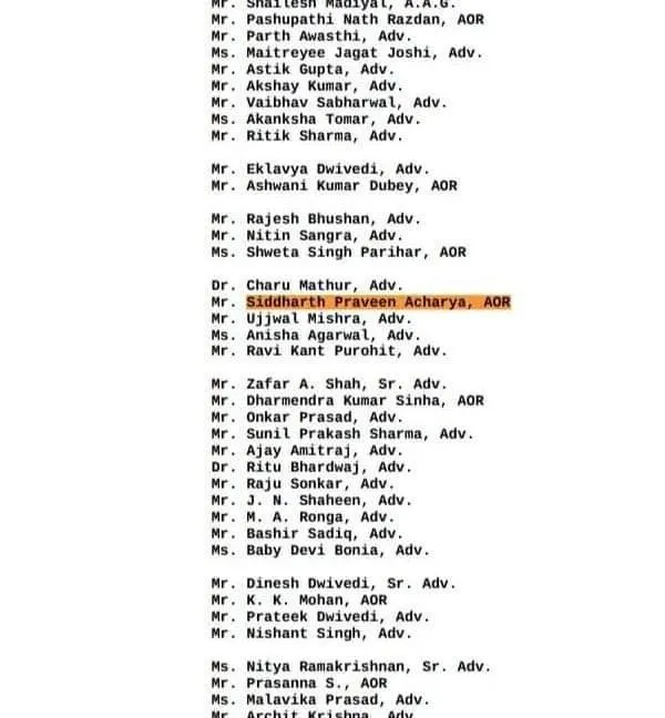 My name listed in the Supreme Court's record of proceedings for the Article 370 case. It was a privilege to be an Advocate on Record in a matter of such profound constitutional and national significance.