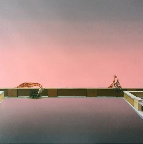 Suchendra P.'s paintings are subtly rendered and deeply contemplative. This piece, with its unexpected giraffes in a minimalist architectural setting, depicts the conflicted and often surreal interaction between human structures and nature. (Also appears as ID 37)