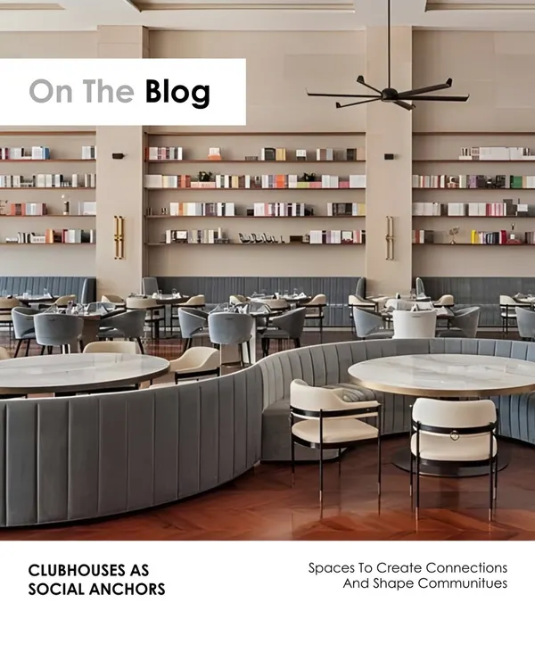 Our blog explores how clubhouses serve as social anchors in dense urban developments. This image of the Elevate Clubhouse restaurant illustrates our approach, with its open layout, comfortable seating, and library-like shelving creating a sophisticated yet welcoming atmosphere for residents to gather.