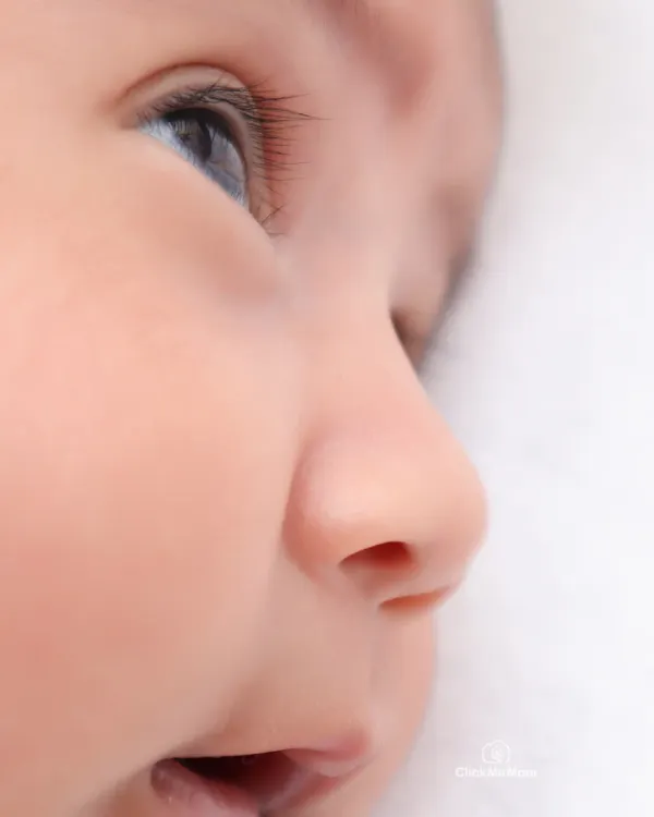 A macro shot of a newborn's profile, focusing on their bright, curious eye and tiny button nose. These are the details you will want to gaze at for years to come.