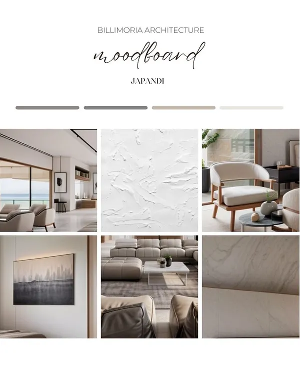 A mood board for a "Japandi" style interior, one of our signature aesthetics. It showcases a palette of serene neutrals, natural wood textures, and minimalist furniture, reflecting a blend of Japanese and Scandinavian design principles.