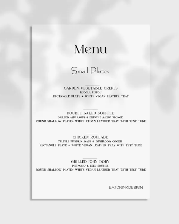 An example of a "Small Plates" menu, which is ideal for cocktail and dinner events where you want guests to mingle. This format allows for better food quality and more creative plating.