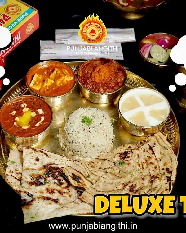 When you think of a thali, think of my Deluxe Thali. It's a complete meal with paneer, dal, rice, breads, and raita. Why wait, let's order!
