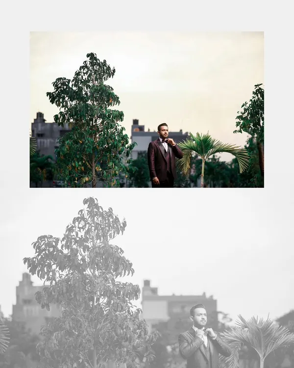 A creative diptych of the groom's portraits, using a wide shot and a black and white version to add variety.