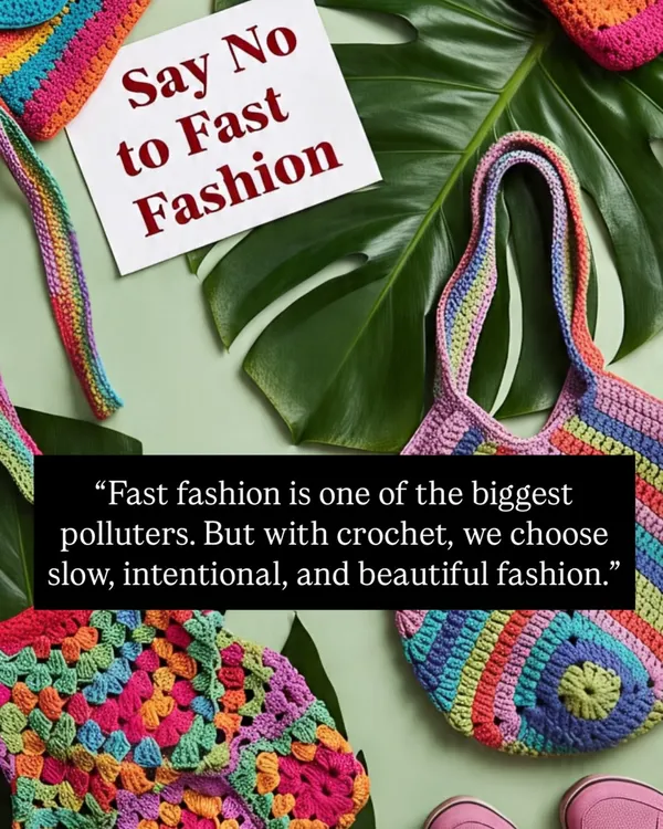 Say no to fast fashion. With crochet, we choose slow, intentional, and beautiful fashion. This image features colorful handmade bags as a sustainable alternative.
