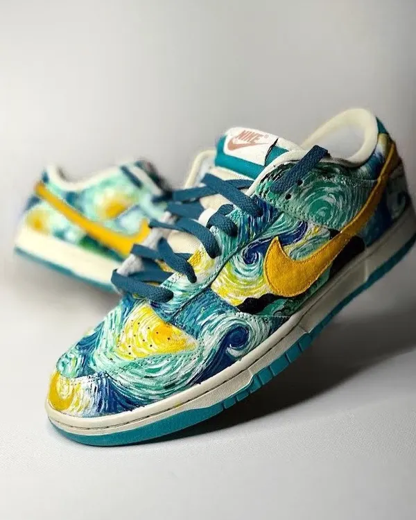 This is one of my all time favorite projects. I transformed a pair of Nike Dunk Lows into a wearable version of Van Gogh's "Starry Night." The amount of detail and blending needed was crazy, but I'm so proud of how the iconic swirls and colors came to life on these kicks.