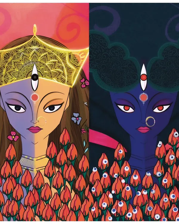 This artwork explores the duality of the divine feminine, showing both the gentle, revered form of Durga and the fierce, protective form of Kali. It’s a reminder that strength and compassion can coexist.