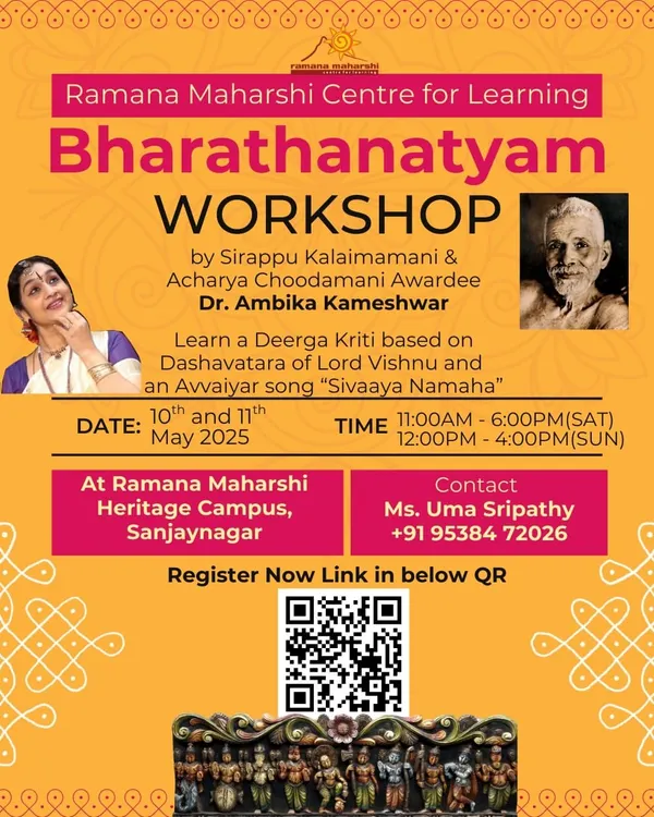 An invitation to our Bharathanatyam workshop led by an Acharya Choodamani awardee. We provide opportunities to learn rare compositions like a Deerga Kriti on Dashavatara, focusing on advanced techniques for dedicated Nritya Sadhakas.