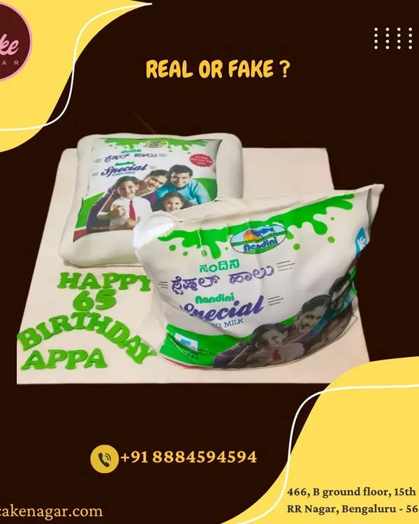 Is it real or is it cake? I had so much fun creating this hyper-realistic Nandini milk packet cake for a 65th birthday, a truly unique and local Bangalore theme.