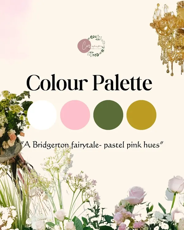 This is the color palette I created for a 'Bridgerton Fairytale' theme, focusing on pastel pink, green, white, and gold to achieve a sophisticated and romantic look.