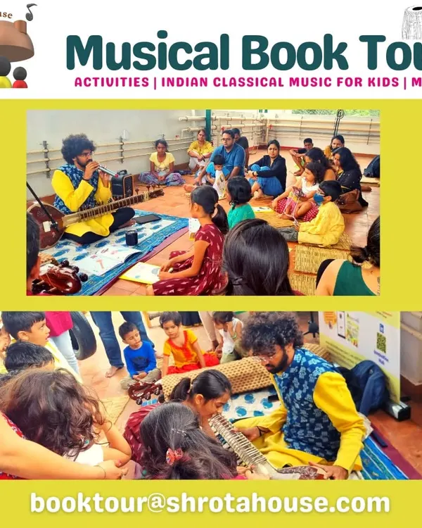 A vibrant session from our 10th Musical Book Tour stop, featuring musician Pranav Rao. The room is filled with energy as children and parents engage with the music of the sitar and surbahar.