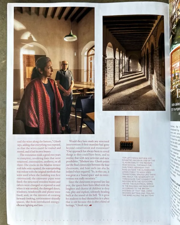 A published photo showing us inside the restored RBANM's High School classroom wing. The article details our conservation approach, which involved repairing damaged stone, using original materials, and introducing energy-efficient lighting to create a functional and inspiring learning environment.