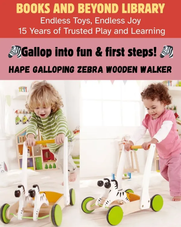 The Hape Galloping Zebra is a beautifully crafted wooden walker that encourages first steps. Its sturdy base provides support while the rubber-rimmed wheels protect your floors.