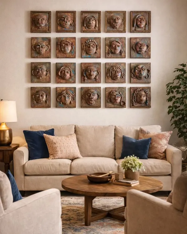This is what I love to do: transform a space with art that feels like it belongs. This wall of 20 miniature bronze sculptures, each with its own unique expression, brings a sense of history and soul to this cozy living room. It’s not just decor; it’s a collection of stories that watch over your home.