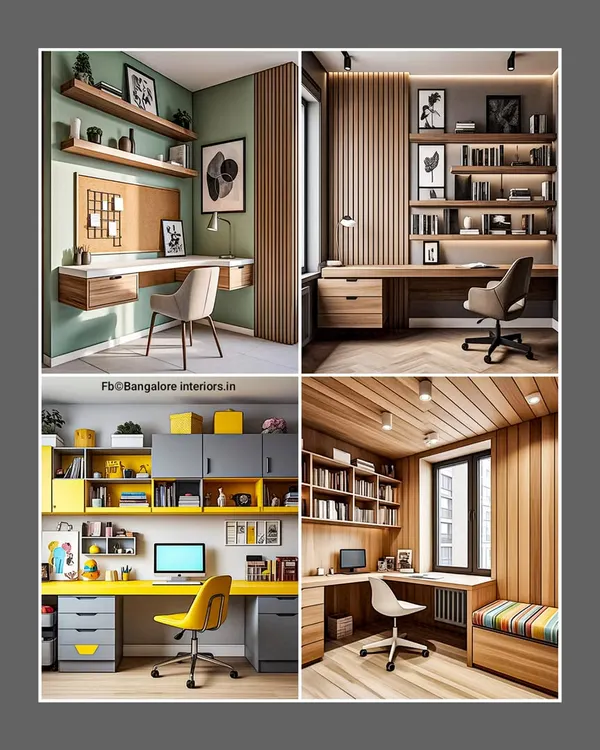 A collection of four beautiful home office setups. From minimalist floating desks to colorful and comprehensive wall units, these concepts show how to create a workspace that is both stylish and functional.