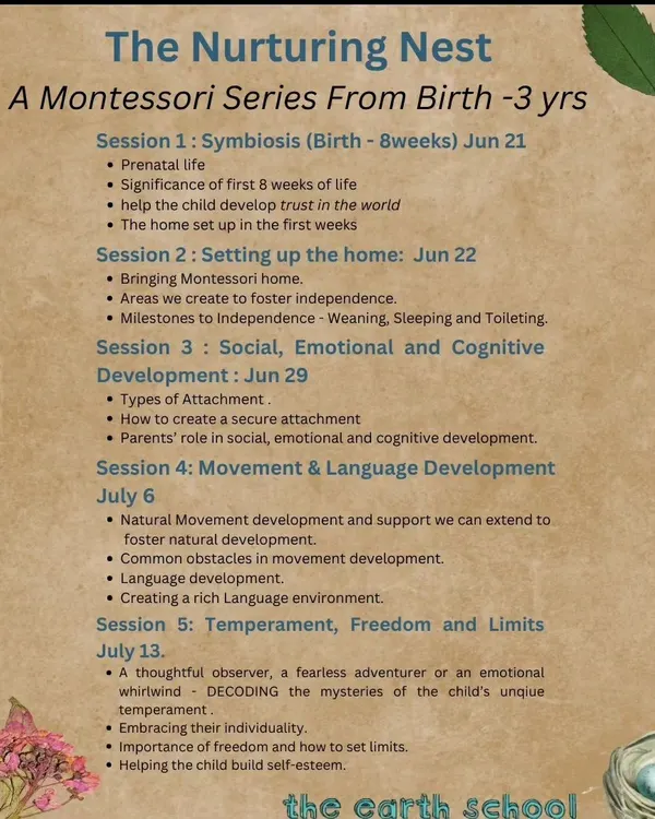 An overview of the five sessions in our Nurturing Nest series. You can join for the entire series or pick the sessions that feel most relevant to you, covering topics from the first weeks of life to language and movement development.