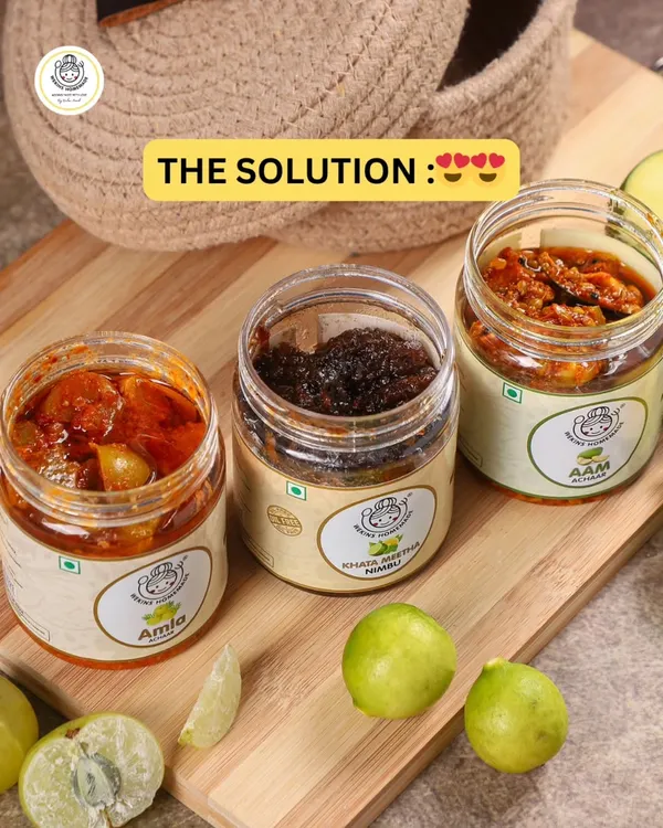 A trio of our delicious pickles: Amla, Khatta Meetha Nimbu, and Aam Achaar. Each one offers a unique flavor to solve your craving problems.