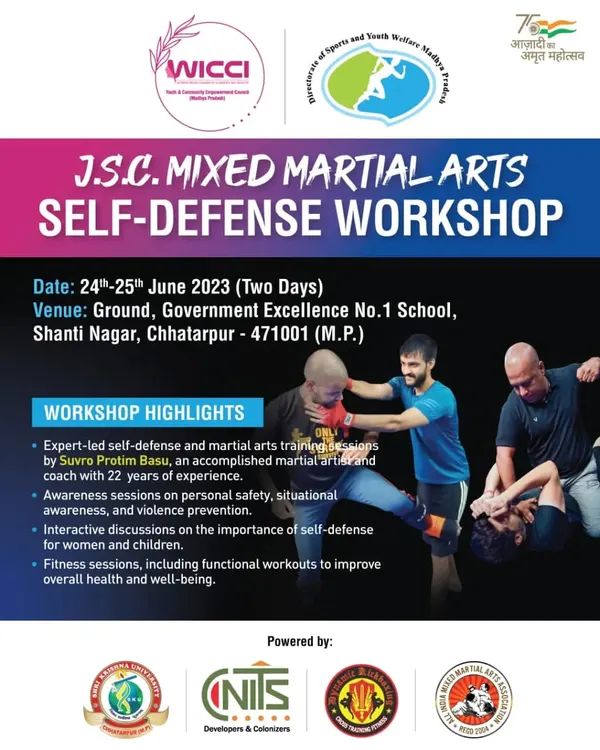 The official poster for our two-day "Mixed Martial Arts for Self-Defense" workshop in Madhya Pradesh, empowering youth, women, and children.