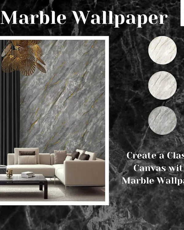 We create stunning feature walls that become the centerpiece of any room. This living space is elevated with a sophisticated grey marble wallpaper featuring elegant gold veining, providing a look of luxury without the expense of real stone.
