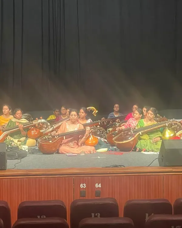 Sound check in full swing with the entire veena ensemble on stage at Chowdaiah Memorial Hall. Seeing so many veenas together, ready to create music, is always a powerful sight.