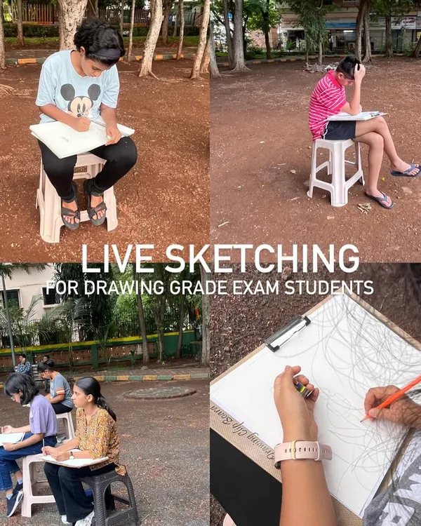 We believe art isn't confined to four walls. Here, our drawing grade exam students are taking their skills outdoors for a live sketching session, learning to capture the world around them. This is learning in action.